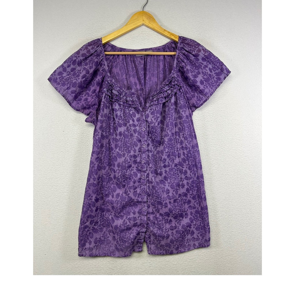 Cottagecore‎ Laura Scott Women Large Purple Floral Ruffle Flutter Sleeve Blouse